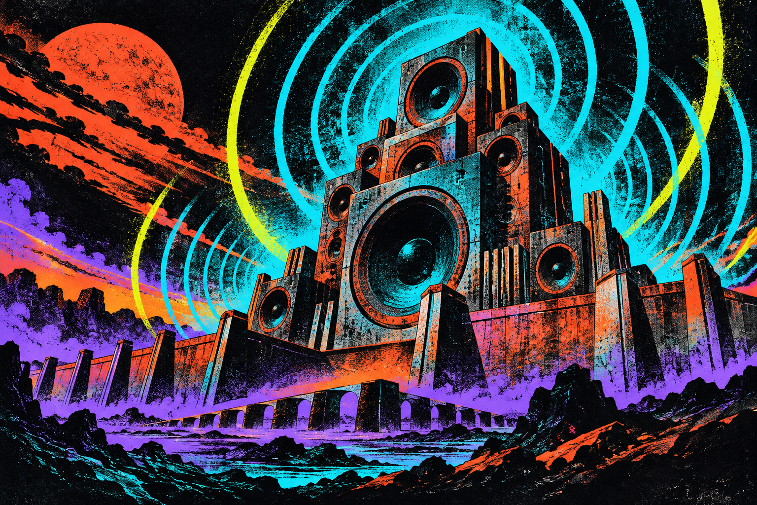 Stacked sound towers in a vivid screen-print landscape