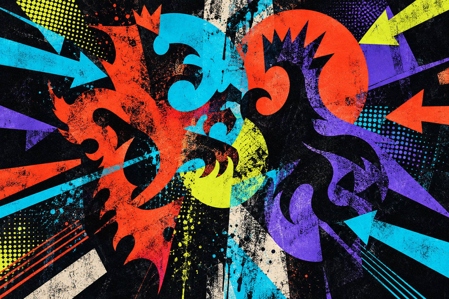 Abstract heraldic shapes and arrows colliding in layered print colors