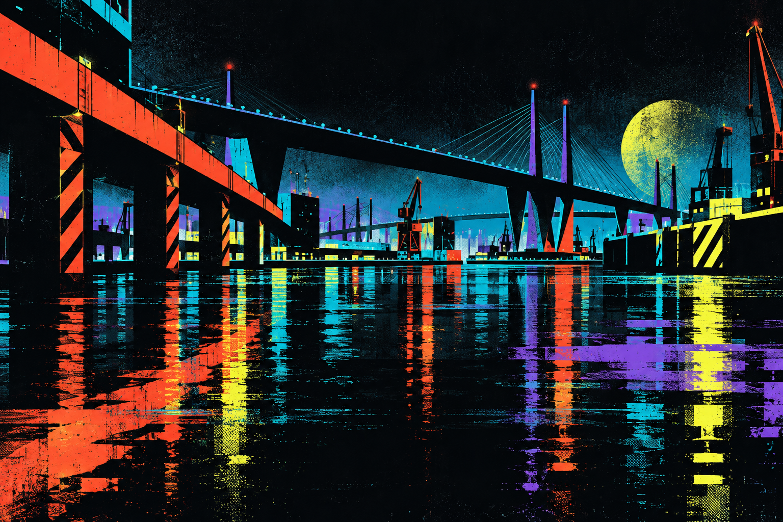 Electric bridges and reflections across an abstract night harbour