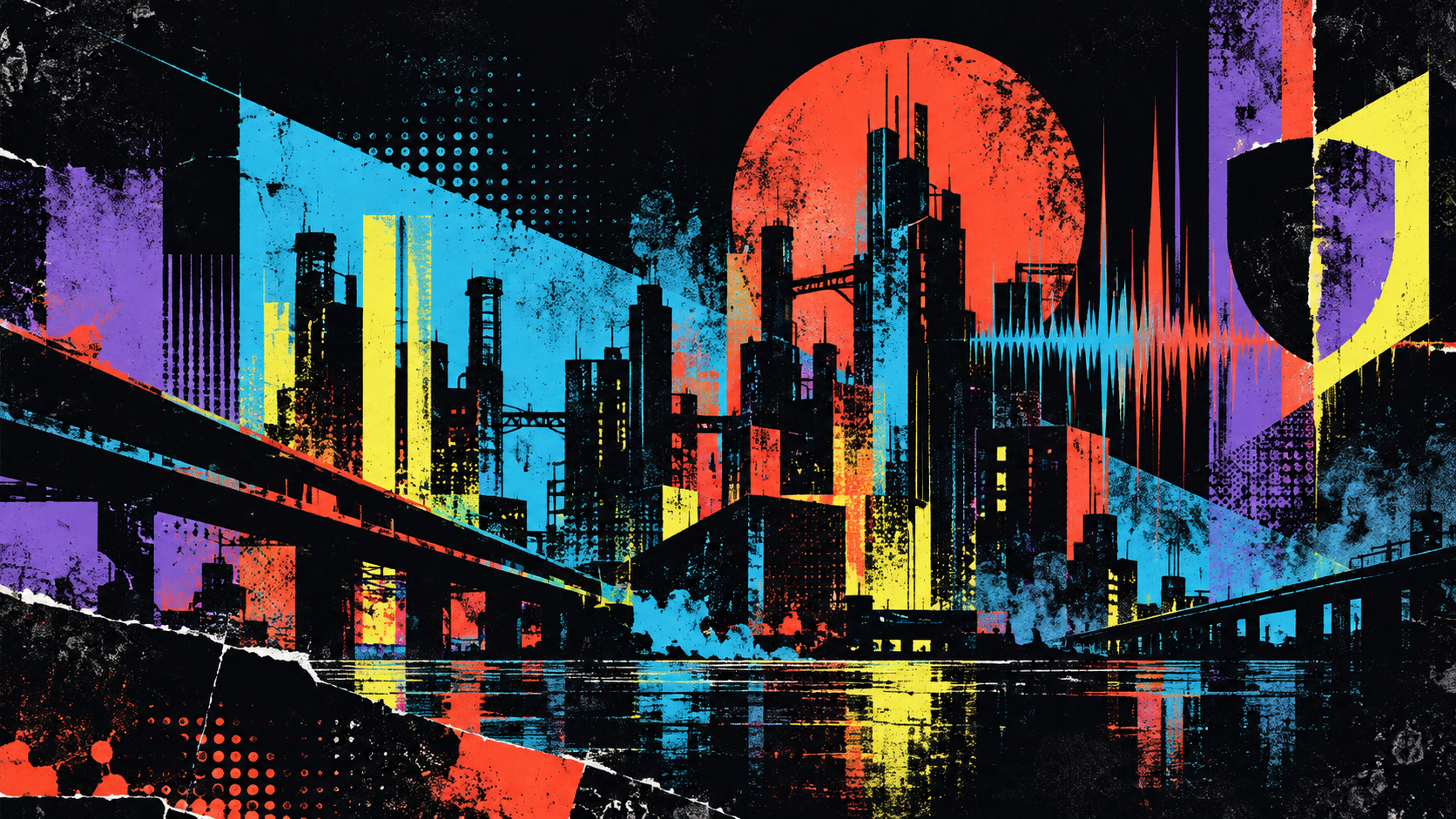 Abstract night city poster made from bright layered geometric forms